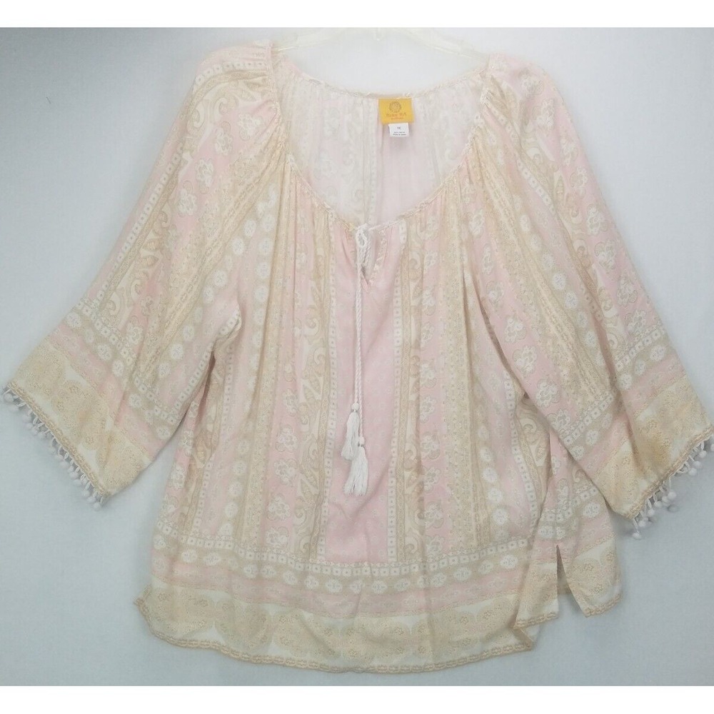 Ruby‎ Road Women Top SZ 1X Boho Pink Tan Pasliey Print Tassel Sleeves